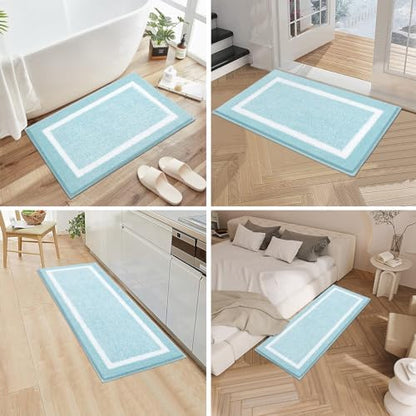 Pauwer Bathroom Rugs 3 Piece Set, Non Slip Washable Bath Mat, Light Blue