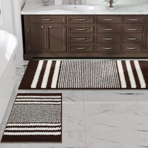 BSICPRO Bathroom Rugs Sets 2 Piece, Non Slip Striped Bath Mats, Coffee