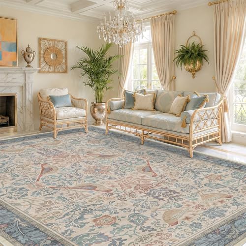 Soft Red and Blue 8x10 Living Room Rug, Oriental Non-Slip Area Rug for Dining Room Under Table, Natural Washable Low Pile Bedroom Carpet, Botanical & Bird Pattern Home Decor