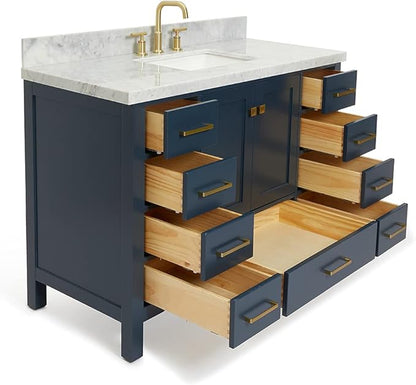 ARIEL Cambridge 48-inch Bathroom Vanity with Sink,Solid Wood, 1.5-inch Italian Carrara Marble Countertop, Single Rectangular Porcelain Sink, 2 Soft Closing Doors, 9 Dovetail Drawers, Midnight Blue