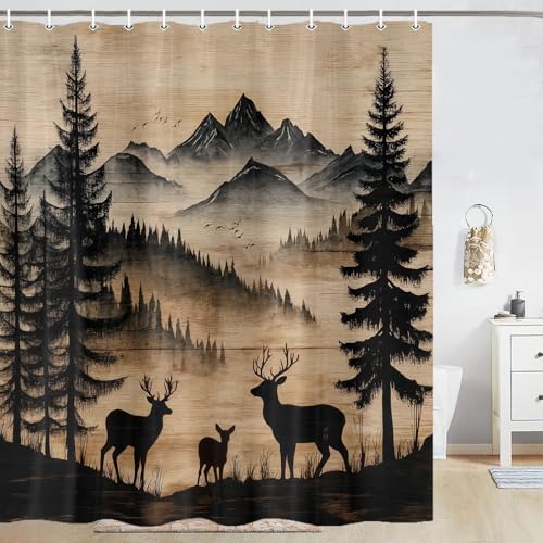Rustic Deer Shower Curtain, Cabin Country Wood Lodge Hunting Wild Animal Vintage Farmhouse Hunting Camping Camper RV Bathroom Decor Polyester Fabric Mens Bath Curtain Set with Hooks,70X85IN