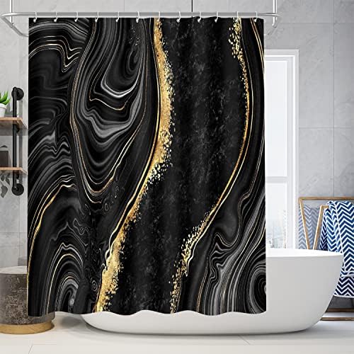 Nkzply 4 Pcs Black Marble Shower Curtain Sets with Rugs Gold Bathroom Set