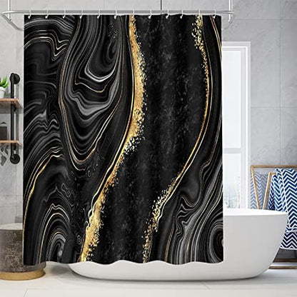 Nkzply 4 Pcs Black Marble Shower Curtain Sets with Rugs Gold Bathroom Set
