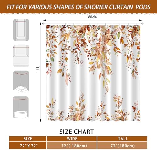 Fall Eucalyptus Leaves Shower Curtain, Autumn Aesthetic Art Watercolor Plant Leaf with Floral Bathroom Decor, Waterproof Fabric Cloth Bath Curtain Set with Hooks (Brown-Orange, 72" W x 72" L)