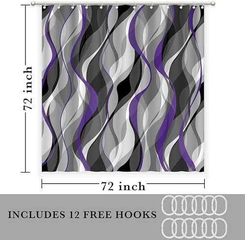 Purple and Grey Shower Curtain for Bathroom Purple and Black Shower Curtain Fabric Modern Abstract Striped Minimalist Bath Curtains Waterproof Shower Curtains Set, Black Gray Purple, 72 x 72 Inch