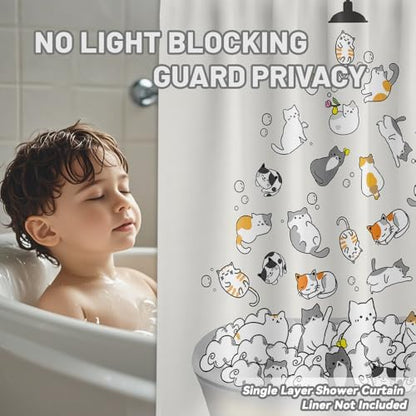 Cute Cat Shower Curtain Kids Animal Cartoon Bathroom Decor, Waterproof Cloth Fabric with Hooks 60" W x 72" L