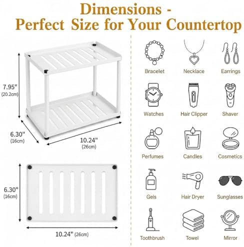2 Tier Bathroom Counter Organizer, Rectangular Vanity Organizer Shelf, Skincare and Makeup Countertop Storage Rack for Kitchen, Bathroom, Bedroom,White