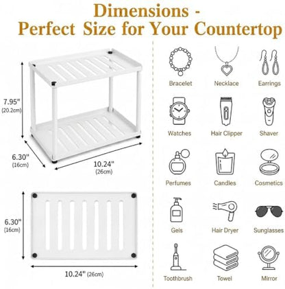 2 Tier Bathroom Counter Organizer, Rectangular Vanity Organizer Shelf, Skincare and Makeup Countertop Storage Rack for Kitchen, Bathroom, Bedroom,White