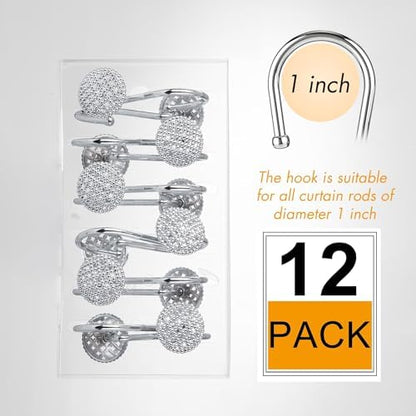Pearlbee Chrome Shower Curtain Hooks, Round Beaded Design 12Pcs Zinc Alloy