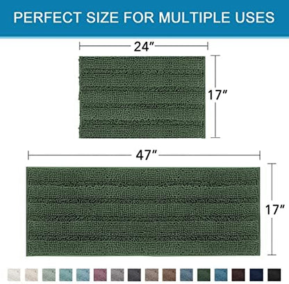 H.VERSAILTEX Bathroom Rugs Bath Mats Sets Super Absorbent Chenille Striped Bath Mats Non Skid Machine Wash Dry Rugs for Bathroom Floor Set of 2(Bronze Green, 47 x 17 Plus 17 x 24 - Inches)