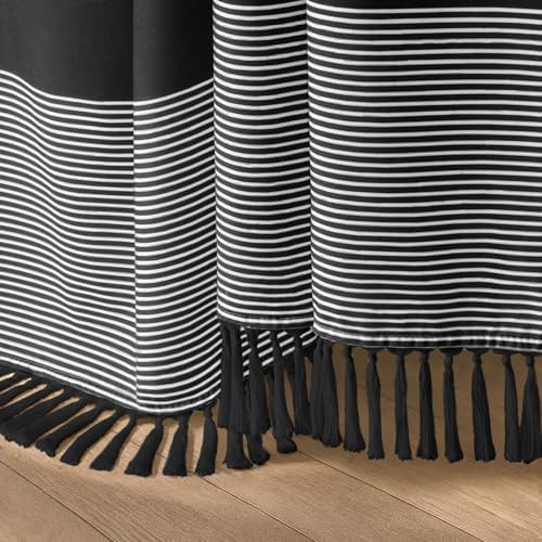 Black Boho Cotton Striped Shower Curtain with Tassel 72" W X 72" L