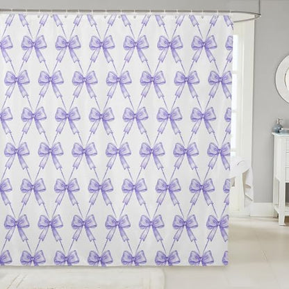 jejeloiu Purple Bow Shower Curtain 72"x78" Cute Bowknot Bath Curtain Boys Girls Kawaii Bathroom Shower Curtain Set for Kids Women Men Bow and Stripes Kids Bathroom Accessories