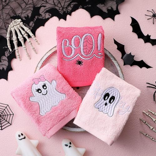 FuWeave 3 Pcs Pink Halloween Ghost Boo Hand Towels for Bathroom