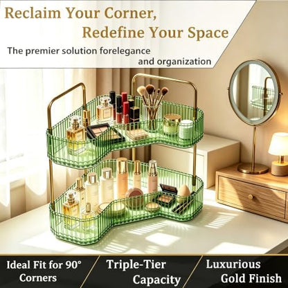2-Tier Corner Bathroom Organizer, Skincare Vanity Counter Shelf Green