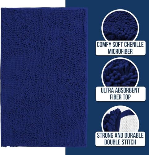 Muddy Mat® | Chenille Bathroom Rugs Quick Dry Microfiber Mats Non Slip Washable, Extra Thick, Soft and Highly Absorbent Bath Mats for Bathroom, Kitchen, and Shower Floor - Navy Blue 36"x60"