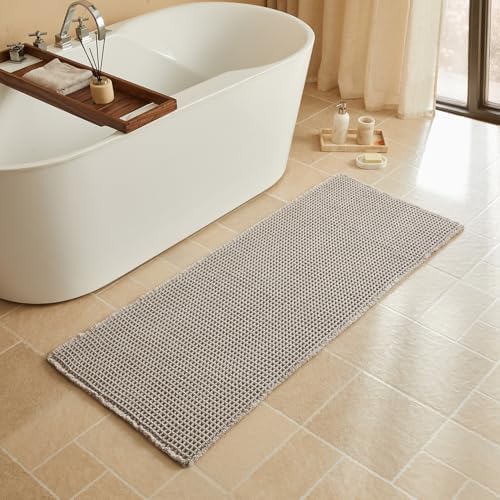 Triohero Waffle Runner Rug Bathroom, Long Boho Bath Mat, 24x60 Light Grey