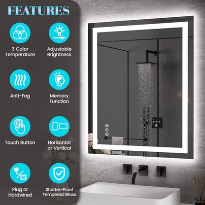 JISOSO LED Bathroom Mirror, Bathroom Vanity Mirror, 30"x36"
