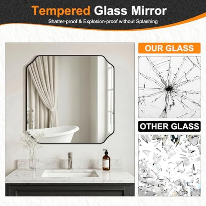 Delma Bathroom Vanity Mirror, Black Framed Aluminum Bathroom Mirror for Over Sink, Scalloped Round Corner Wall Mirror, High-Definition Vanity Mirror, Hangs Horizontally or Vertically (30x30,Black)
