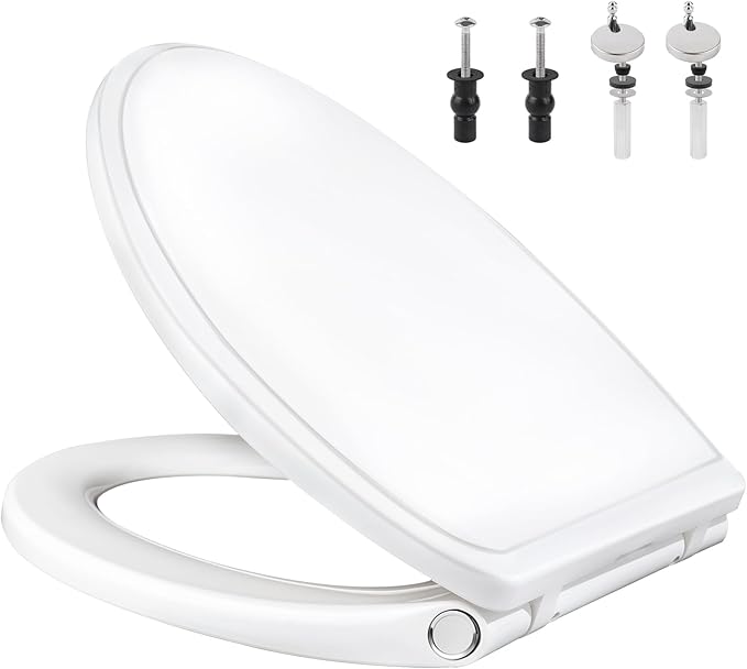 Elongated Toilet Seat Soft Close with Cover, Oval Toilet Seat Replacement with Non-Slip Toilet Bolts and Bumpers, Compatible with Kohler, American Standard, TOTO, One-Click Release, White