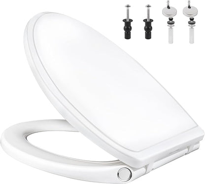 Elongated Toilet Seat Soft Close with Cover, Oval Toilet Seat Replacement with Non-Slip Toilet Bolts and Bumpers, Compatible with Kohler, American Standard, TOTO, One-Click Release, White