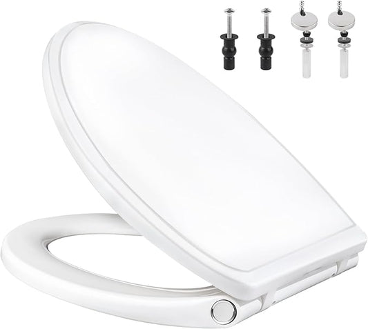 Elongated Toilet Seat Soft Close with Cover, Oval Toilet Seat Replacement with Non-Slip Toilet Bolts and Bumpers, Compatible with Kohler, American Standard, TOTO, One-Click Release, White