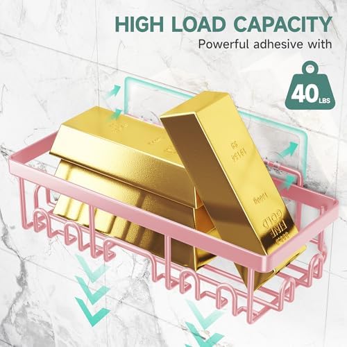 Veken Large Capacity Shower Caddy 6-Pack, No Drilling & Rustproof, Adhesive Shower Shelves with Soap Holder, Bathroom Organizers and Storage, Wall-Mounted Kitchen & Home Decor, Pink