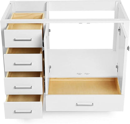 ARIEL Cambridge 42-inch Bathroom Vanity Base Cabinet,Solid Wood, 2 Soft Closing Doors, 5 Dovetail Drawers, White