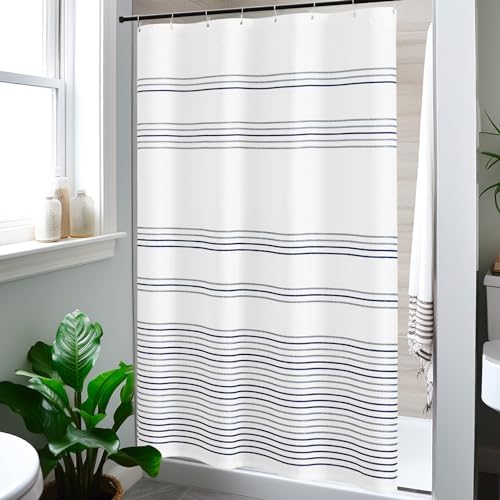 jinchan Small Stall Shower Curtain 48x72 inches Navy Blue and White Modern Farmhouse Striped Waterproof Fabric Shower Curtains for Bathroom with 7 Hooks Machine Washable