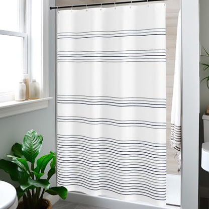 jinchan Small Stall Shower Curtain 48x72 inches Navy Blue and White Modern Farmhouse Striped Waterproof Fabric Shower Curtains for Bathroom with 7 Hooks Machine Washable