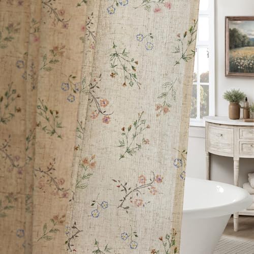 Floral Farmhouse Vintage Linen Shower Curtain French Country Decor 54Wx72H