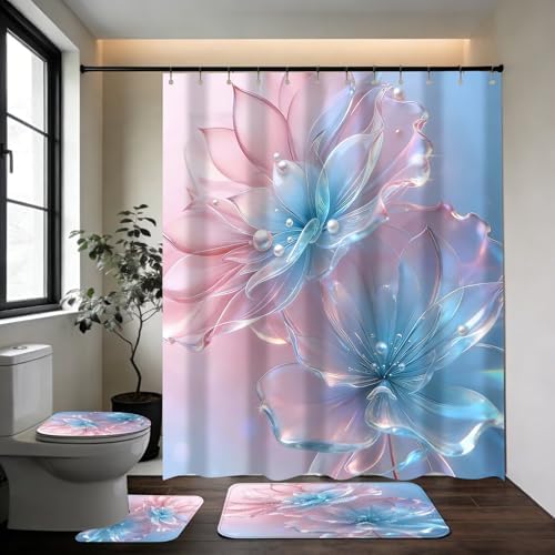 DDQQ 4 Pcs Floral Shower Curtain Set Pink Blue Bathroom Sets with Shower Curtain and Rugs, Flowers Pearl Shower Curtain Set, Lotus Bathroom Decor Set, Bathroom Rugs Set Toilet Lid Cover Hooks