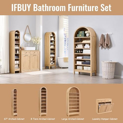 IFBUY 71" Tall Arched Bathroom Storage Cabinet, 8-Tier Modern Farmhouse Storage Cabinet with Adjustable Shelves, Wood Freestanding Cabinet for Bathroom, Living Room, Entryway, Hallway (Natural)