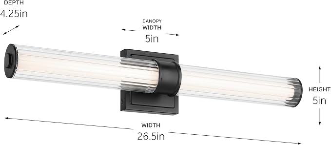 Kichler Laurene LED Bath Bar Light, Black | Linear vanity light with clear fluted glass for bathroom mirrors (26.5" x 5"), 55196BKLED