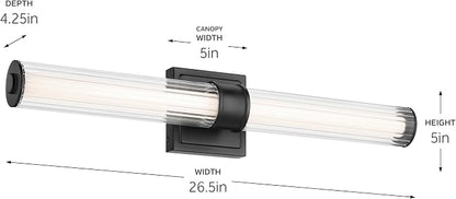 Kichler Laurene LED Bath Bar Light, Black | Linear vanity light with clear fluted glass for bathroom mirrors (26.5" x 5"), 55196BKLED