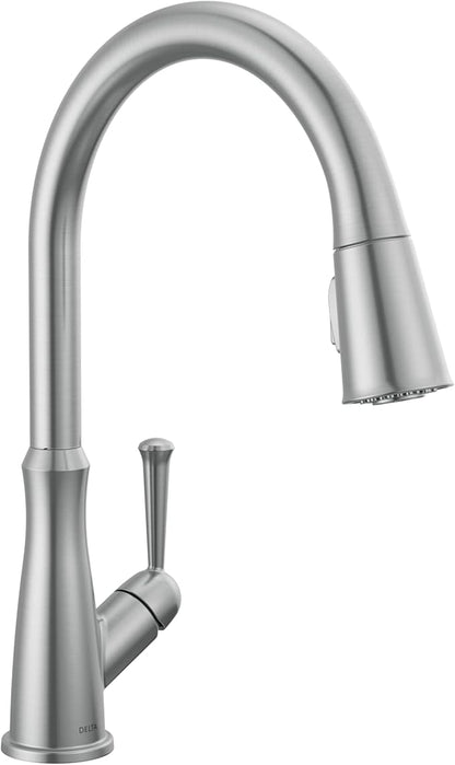 Delta Westville Brushed Nickel Kitchen Faucet with Pull Down Sprayer, Contemporary Single Hole Kitchen Sink Faucet, Single Handle, Arctic Stainless 9110-AR-DST