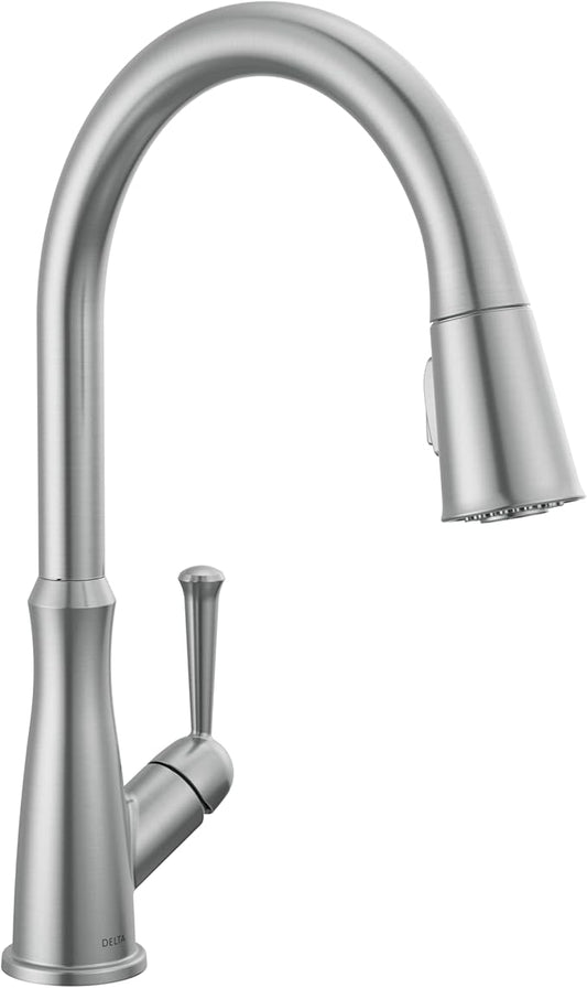 Delta Westville Brushed Nickel Kitchen Faucet with Pull Down Sprayer, Contemporary Single Hole Kitchen Sink Faucet, Single Handle, Arctic Stainless 9110-AR-DST