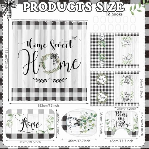FuWeave 8 Pcs Shower Curtain Bathroom Sets, Black White Rug Plaid Mat