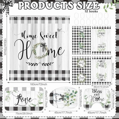 FuWeave 8 Pcs Shower Curtain Bathroom Sets, Black White Rug Plaid Mat