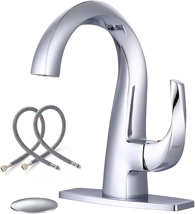 WOWOW Single Handle Bathroom Faucet 1 Hole High Arc Bathroom Basin Faucet Chrome with Pop Up Drain, Solid Brass Commercial Bathroom Sink Faucet Basin Vanity Sink (Patented Product)