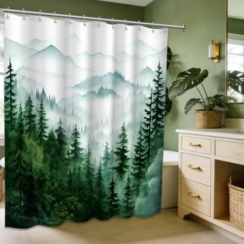 Dark Green and White Forest Shower Curtain, 72x72 in, Nature Pine Tree