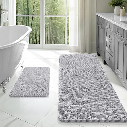 OLANLY Chenille Bathroom Rugs Mats Set 2 Piece, 47"x20"+24"x16", Light Grey