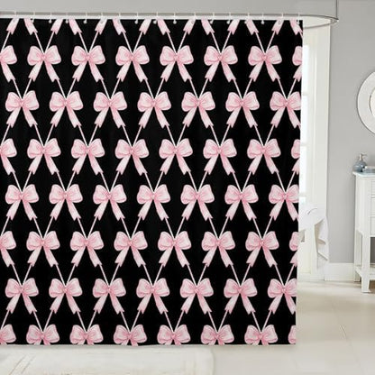 jejeloiu Cute Bow Bathroom Accessories 72"x72" Pink Black Bowknot Shower Curtain for Bathroom Decor Kawaii Girls Bath Curtain Waterproof Polyester Fabric with 12 Hooks for Stalls Bathtubs Princess