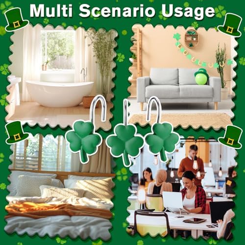 Thyle 12 Pcs St Patrick's Day Shamrock Shower Curtain Hooks, Green Shamrock Resin Ornament Rings Clover Shower Curtain Hooks Irish Decorative for Bathroom Bedroom Accessories