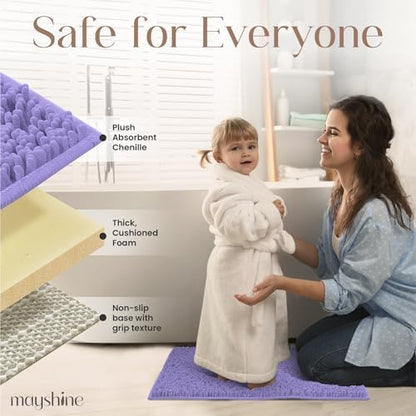 MAYSHINE Small Plush Shaggy Chenille Bath Mat 24"x17" Extra Soft, Super Absorbent, Non-Slip Bathroom Rug | Fluffy Microfiber, Area Rug Sets for Bathroom Floor, Kitchen, Living Room | Lavender