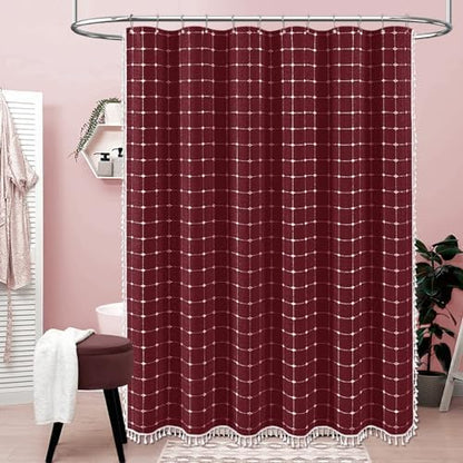 BTTN Long Boho Farmhouse Linen Heavy Duty Shower Curtain, 72x84, Burgundy
