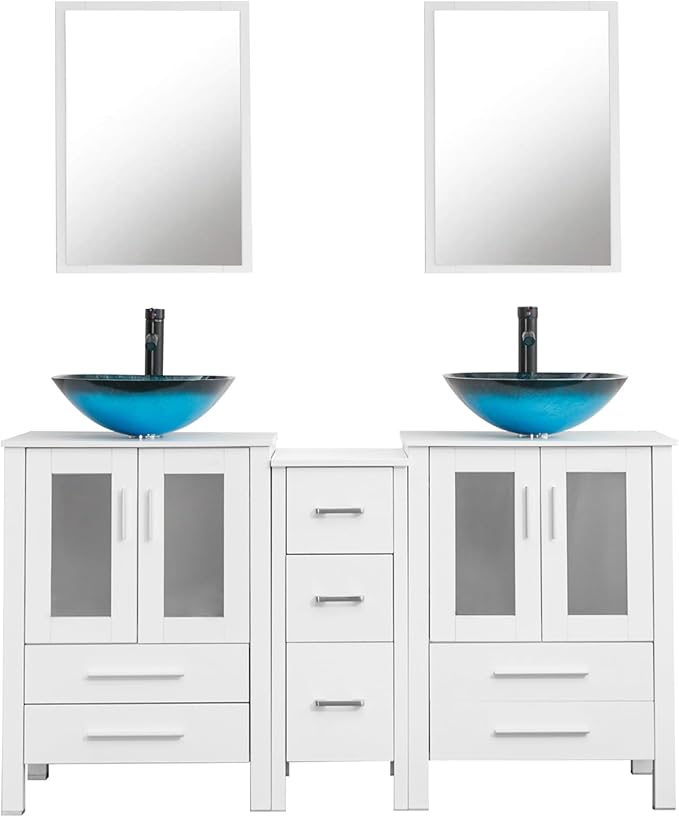 UEV 60" Double Sink Bathroom Vanity, White Vanity with Double Side Cabinets & Removable 3 Drawer Storage, Tempered Vessel Sink (A10)