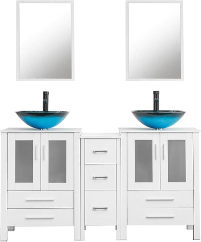 UEV 60" Double Sink Bathroom Vanity, White Vanity with Double Side Cabinets & Removable 3 Drawer Storage, Tempered Vessel Sink (A10)