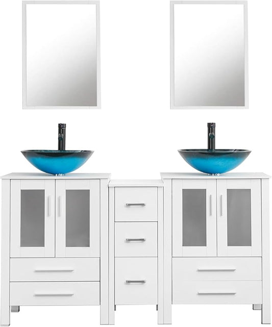 UEV 60" Double Sink Bathroom Vanity, White Vanity with Double Side Cabinets & Removable 3 Drawer Storage, Tempered Vessel Sink (A10)