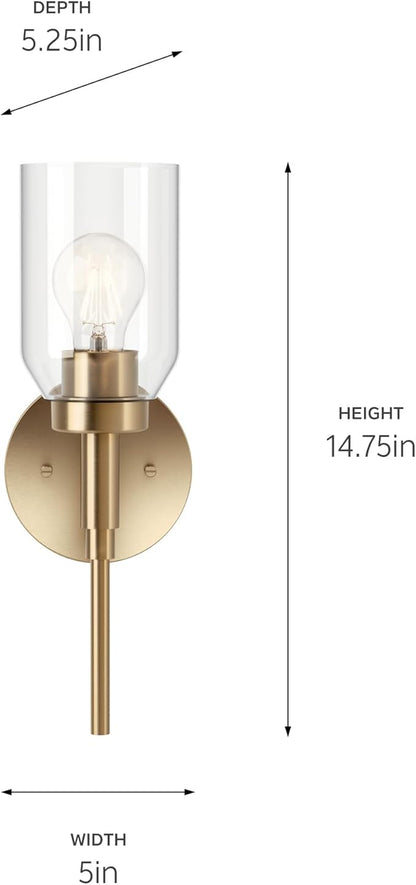 Kichler Madden 1-Light Wall Sconce with Clear Glass in Champagne Bronze, Sloped Ceiling Compatible, for Bathroom or Hallway (14.75" x 5"), 55183CPZ