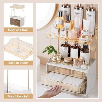 Delamu 5-Tier Makeup Organizer, Bathroom Counter Storage, 3 Drawers, Amber